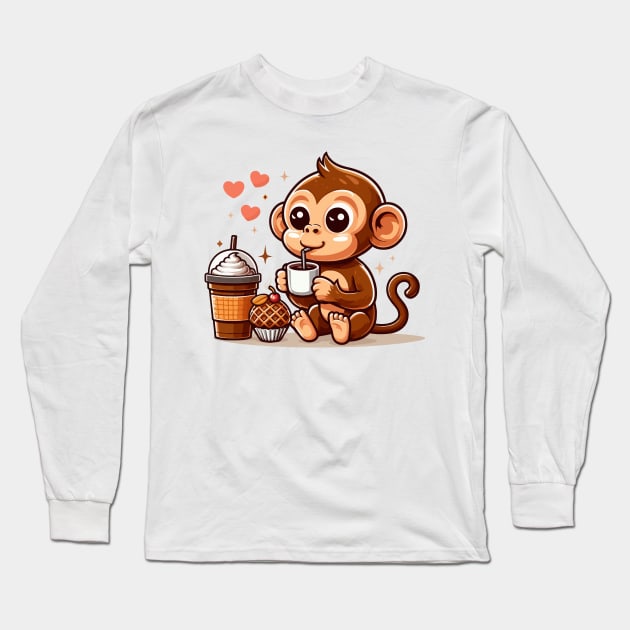 Cute Cafe Monkey Drinking Coffee Long Sleeve T-Shirt by rn-eshop